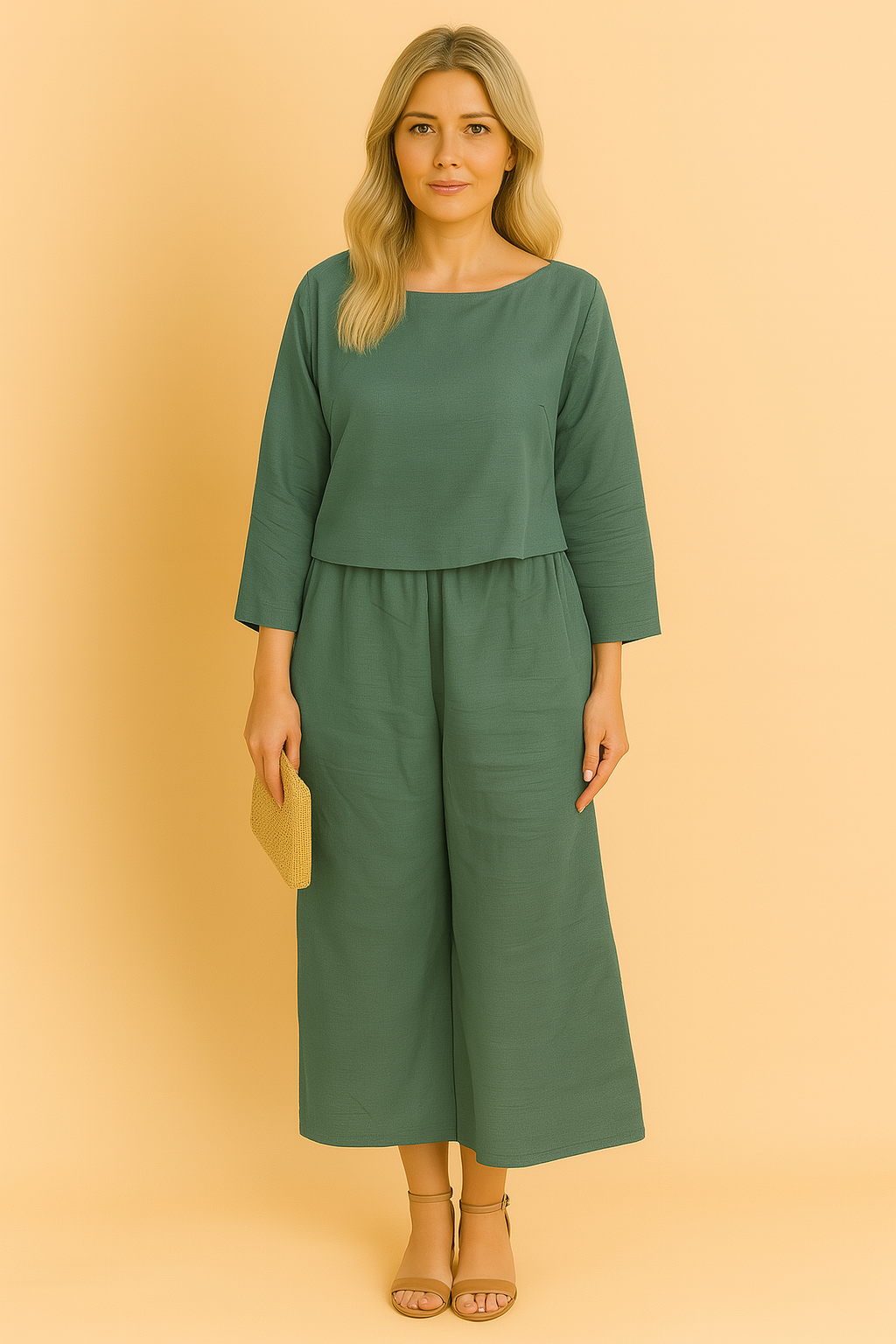 Donker turquoise linnen co-ord set met driekwart mouwen en wijde enkellange broek.