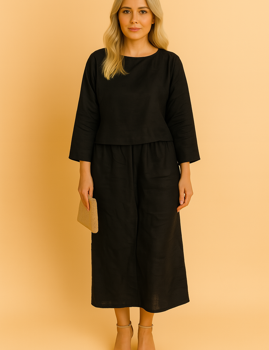 Tweedelige linnen set in zwart met losse driekwart mouwen en rechte culotte-broek.