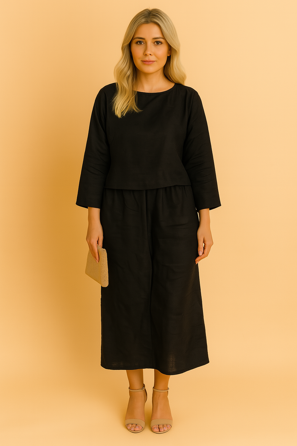 Tweedelige linnen set in zwart met losse driekwart mouwen en rechte culotte-broek.