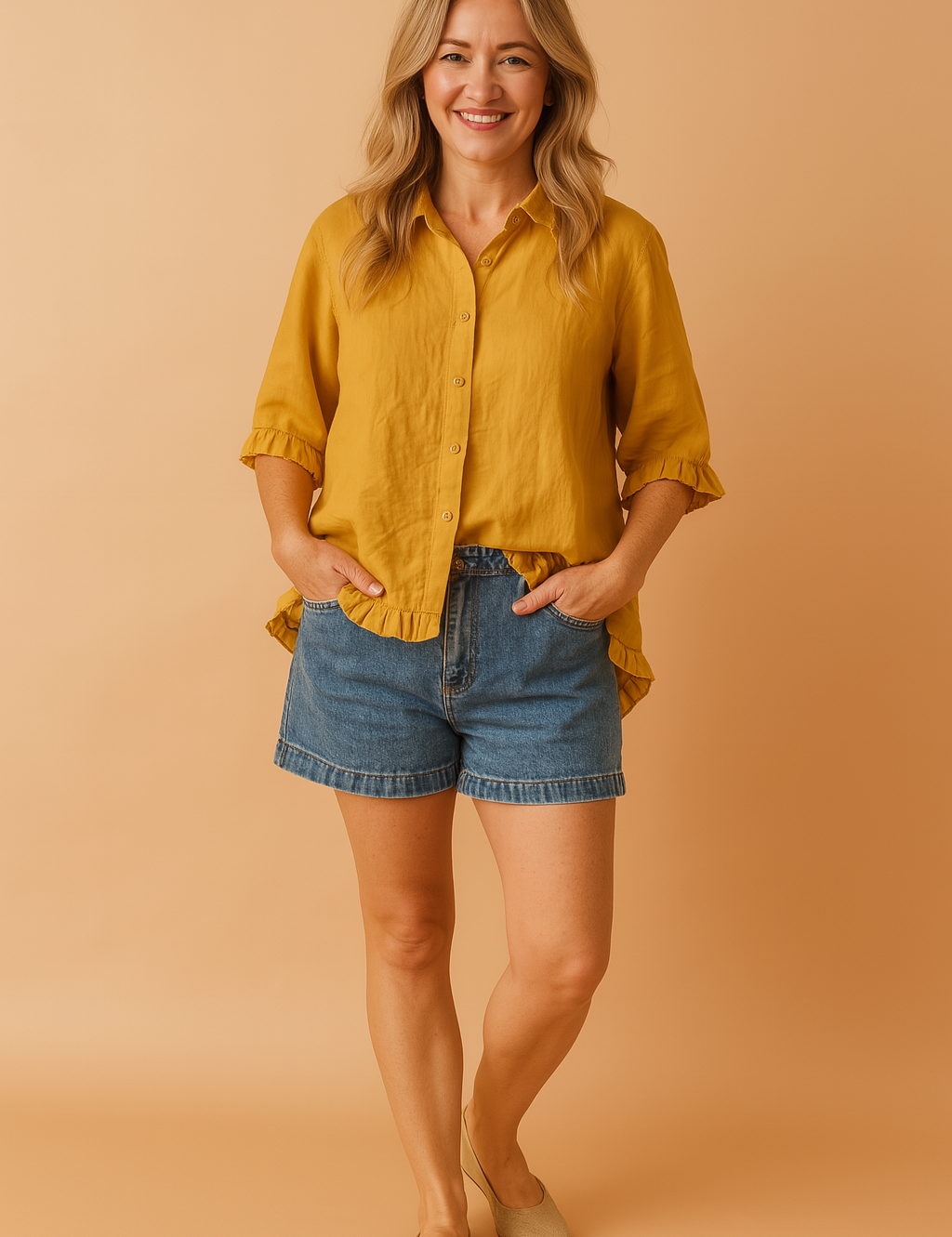 Aleksandra | Blouse met ruches en losse paMosterdgele blouse met knoopsluiting, ruffle-afwerking aan de mouwen en zoom, uitgevoerd in een effen luchtige stof met losse pasvorm.svorm 3