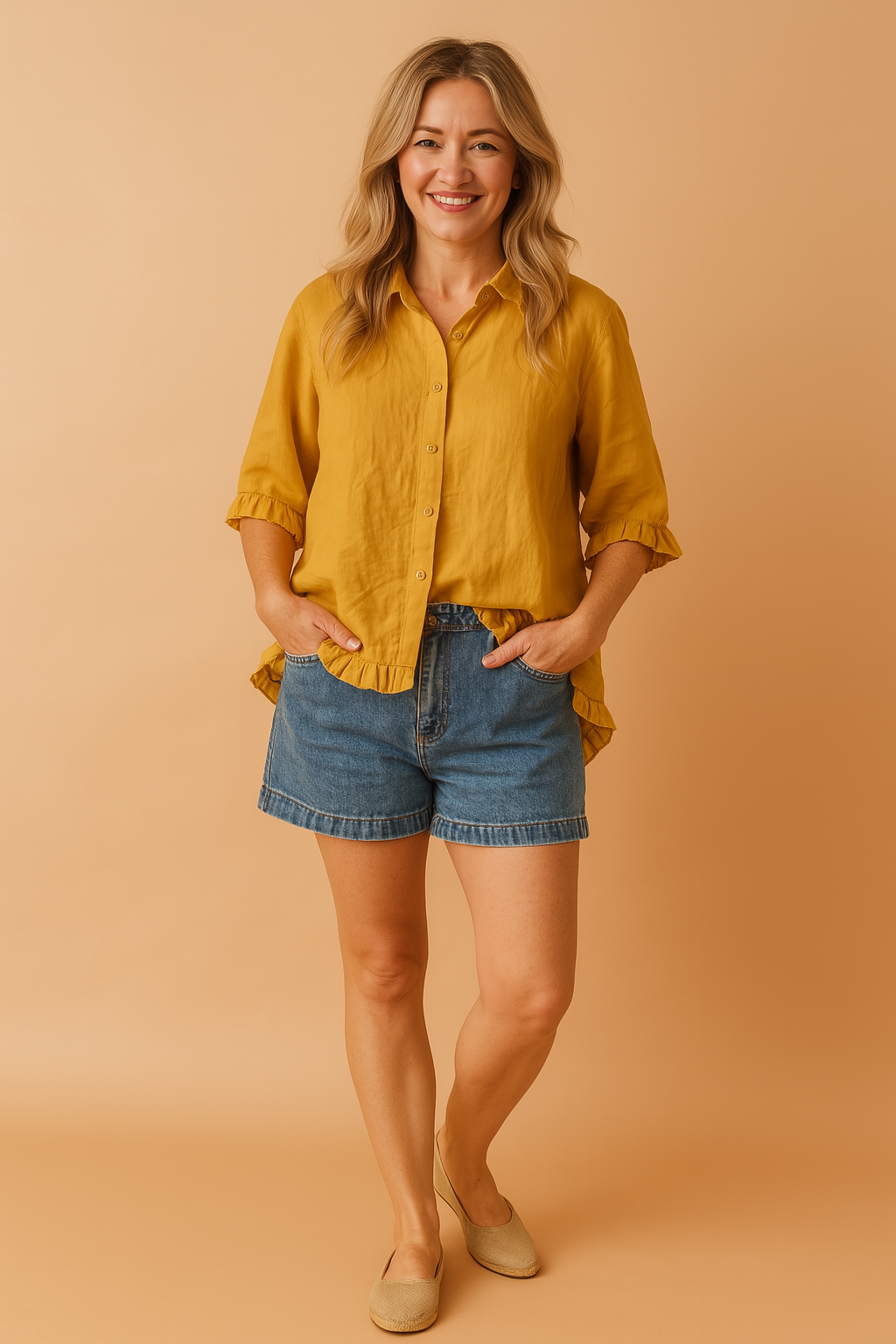 Aleksandra | Blouse met ruches en losse paMosterdgele blouse met knoopsluiting, ruffle-afwerking aan de mouwen en zoom, uitgevoerd in een effen luchtige stof met losse pasvorm.svorm 3