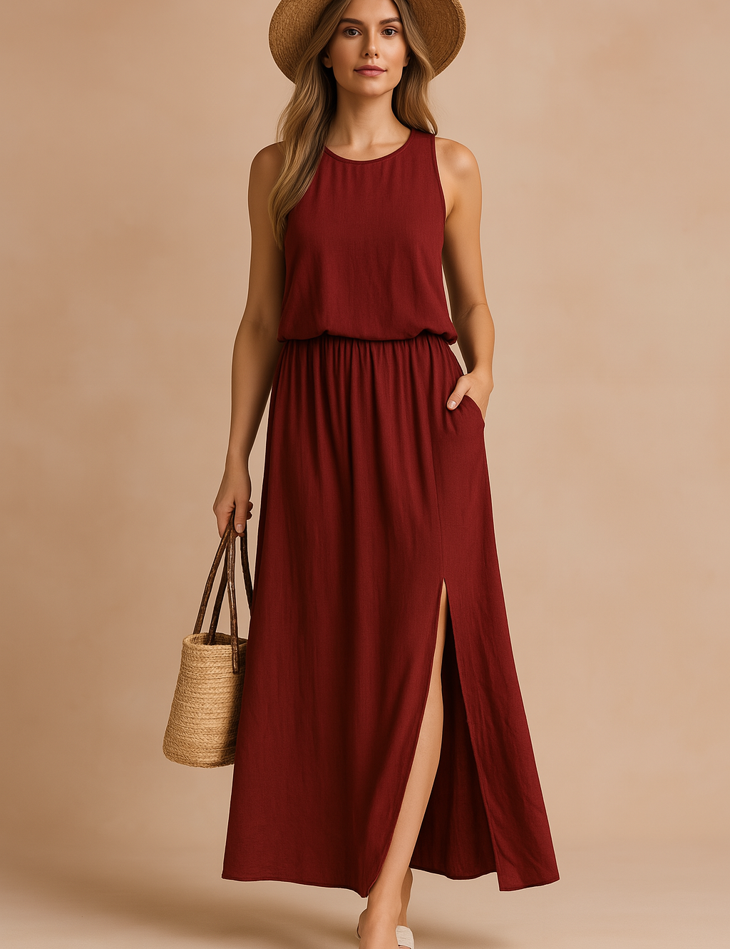 Mouwloze maxi-jurk in effen donkerrood met ronde hals, elastische tailleband en hoge split aan de zijkant, gemaakt van luchtige zomerstof.
