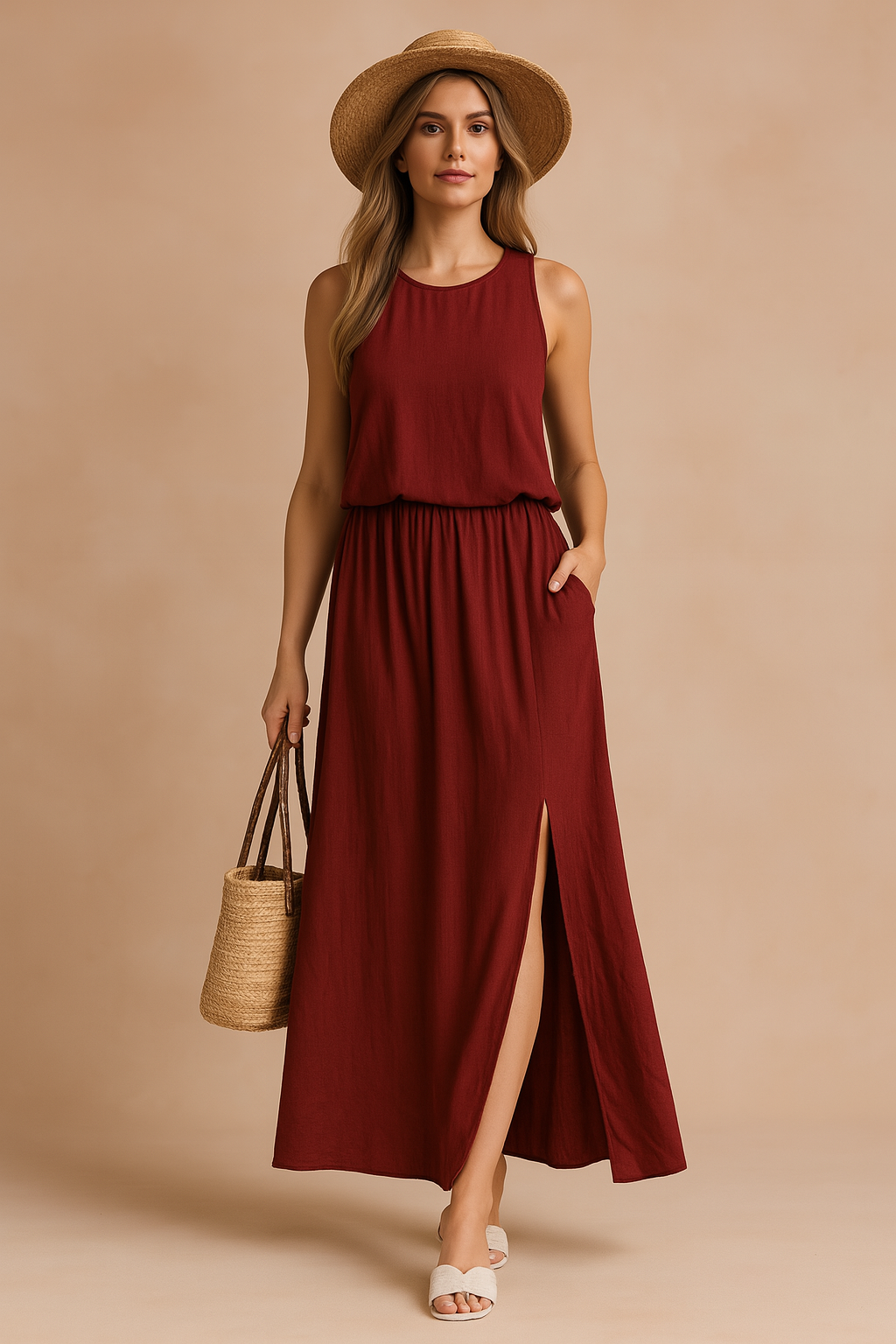 Mouwloze maxi-jurk in effen donkerrood met ronde hals, elastische tailleband en hoge split aan de zijkant, gemaakt van luchtige zomerstof.
