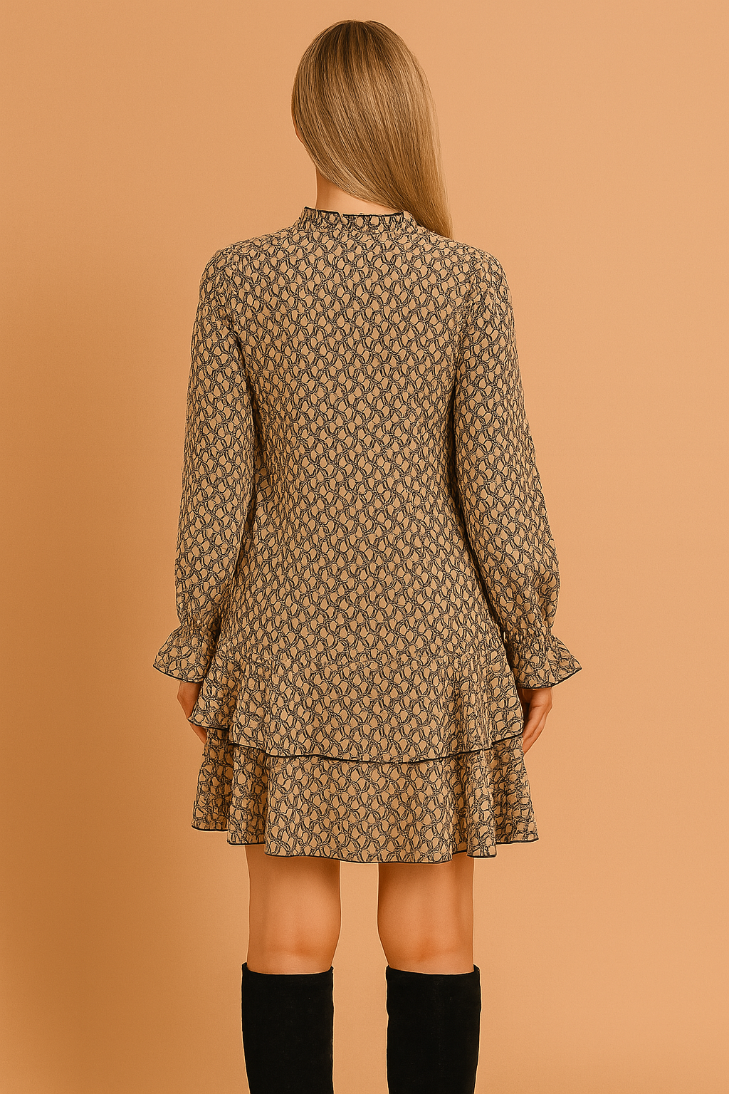 Mini-jurk met lange mouwen en olijfgroene paisleyprint, V-hals en subtiele ruches aan mouw en zoom