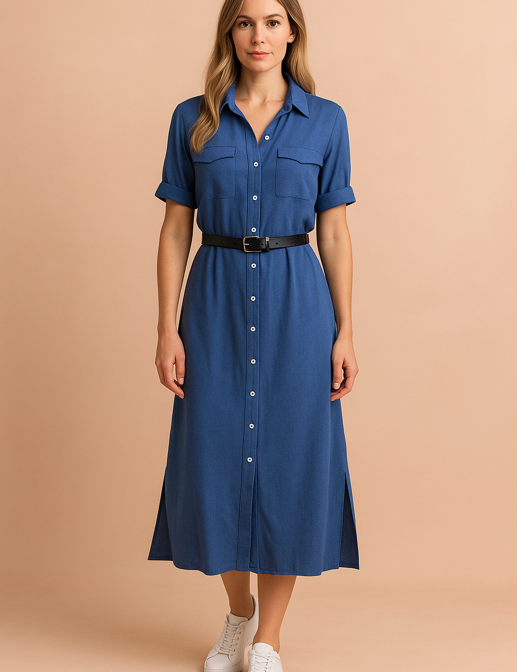 Casual overhemdjurk in jeansblauw met korte mouwen, knopenrij, borstzakken en zwarte tailleceintuur.