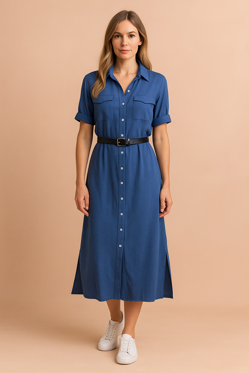 Casual overhemdjurk in jeansblauw met korte mouwen, knopenrij, borstzakken en zwarte tailleceintuur.
