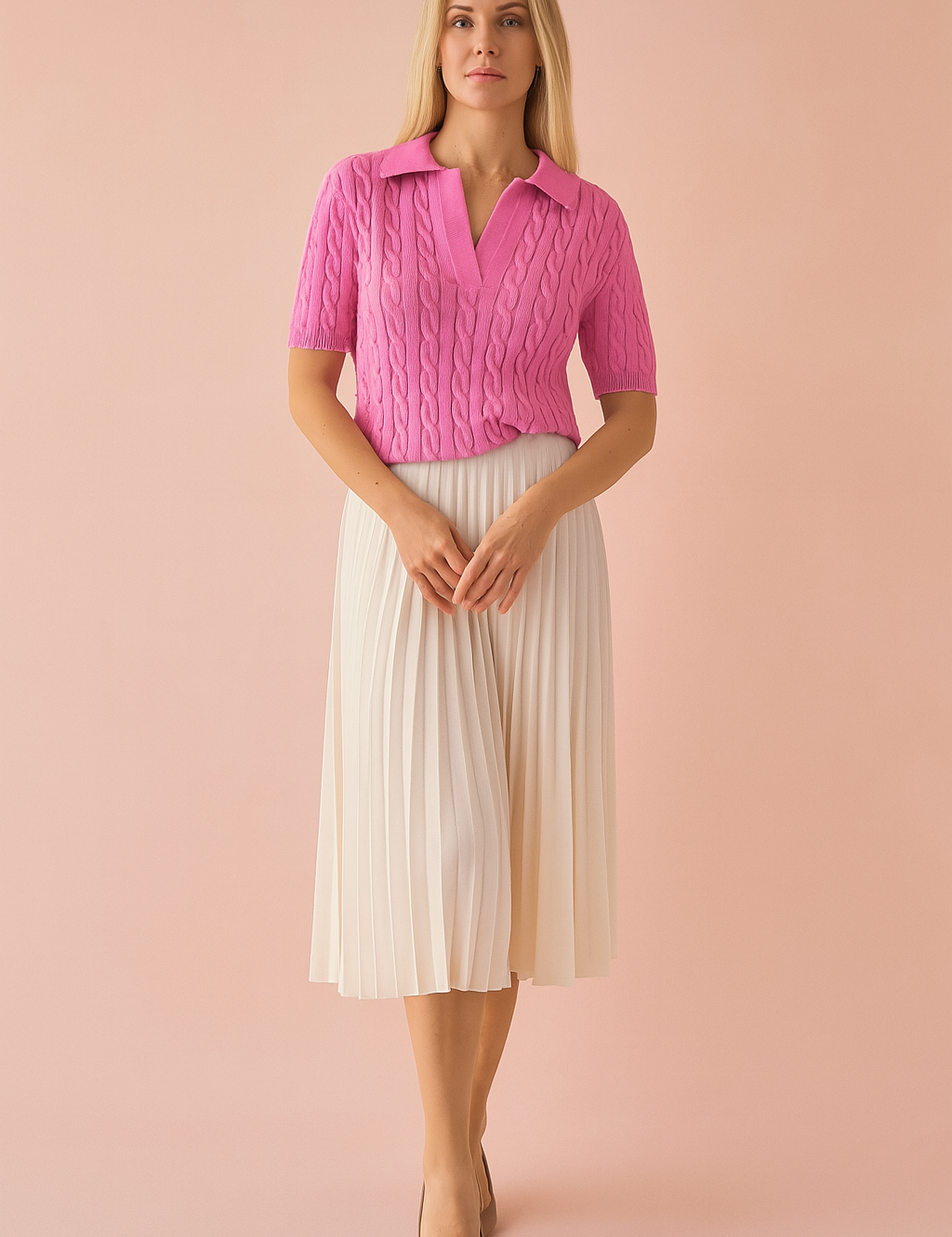 Kortgebreid roze poloshirt met kabelstructuur, open V-hals en geribde afwerking aan de zoom en mouwen, gemaakt van rekbare tricot.