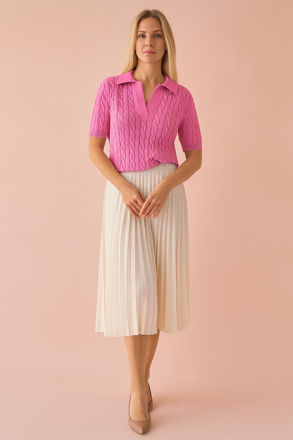 Kortgebreid roze poloshirt met kabelstructuur, open V-hals en geribde afwerking aan de zoom en mouwen, gemaakt van rekbare tricot.