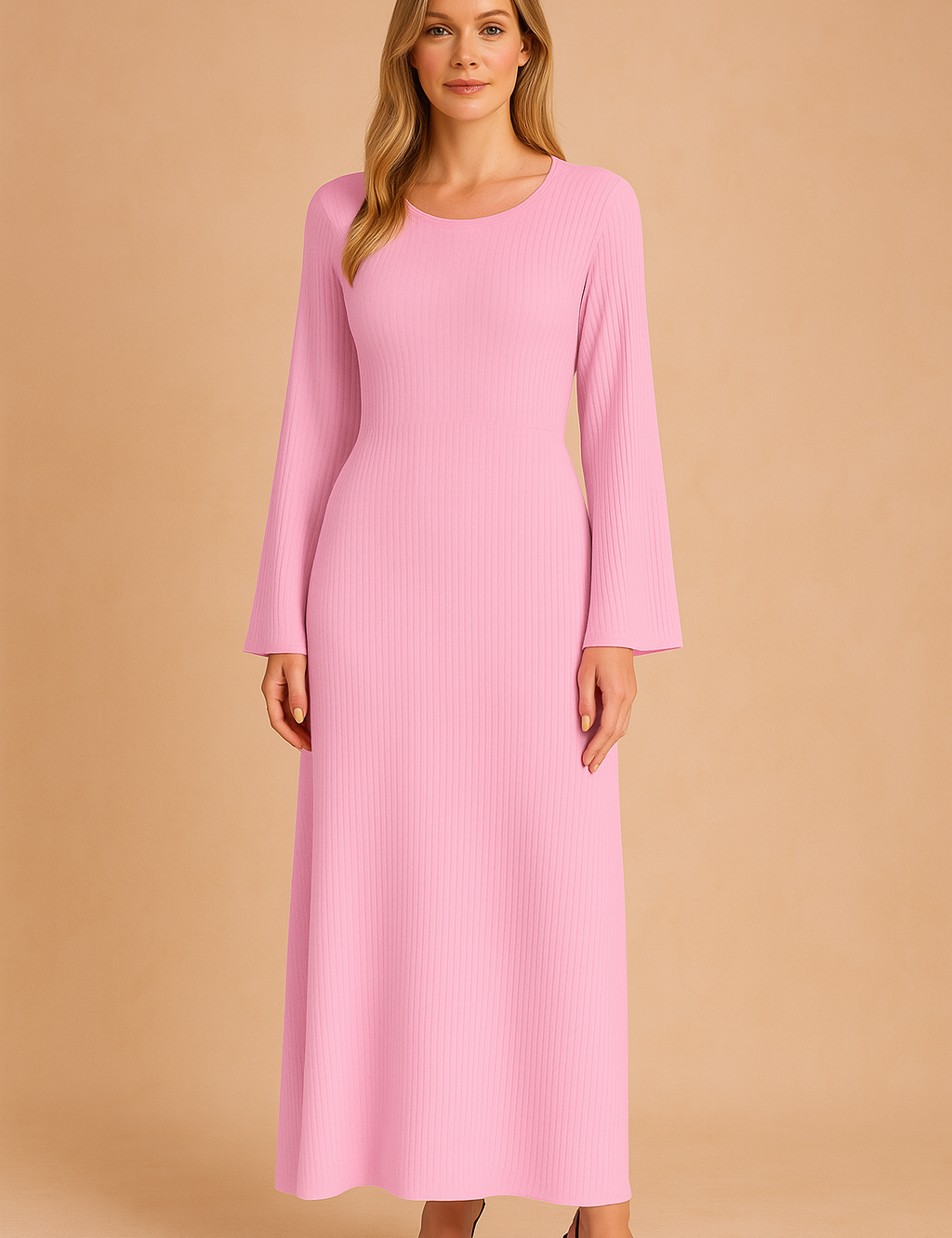 Ribgebreide lange jurk in roze met wijde mouwen en aangesloten silhouet.