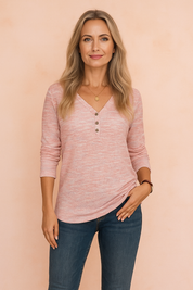 Roze gemêleerde V-hals blouse met lange mouwen en knoopsluiting aan de voorkant, ideaal voor casual of dagelijks gebruik.