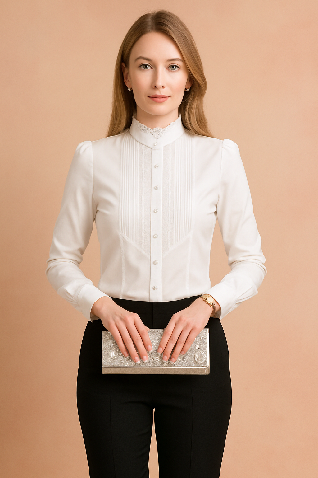 Witte blouse met opstaande kraag, plissédetails en parelknoopsluiting, ideaal voor formele of zakelijke gelegenheden.