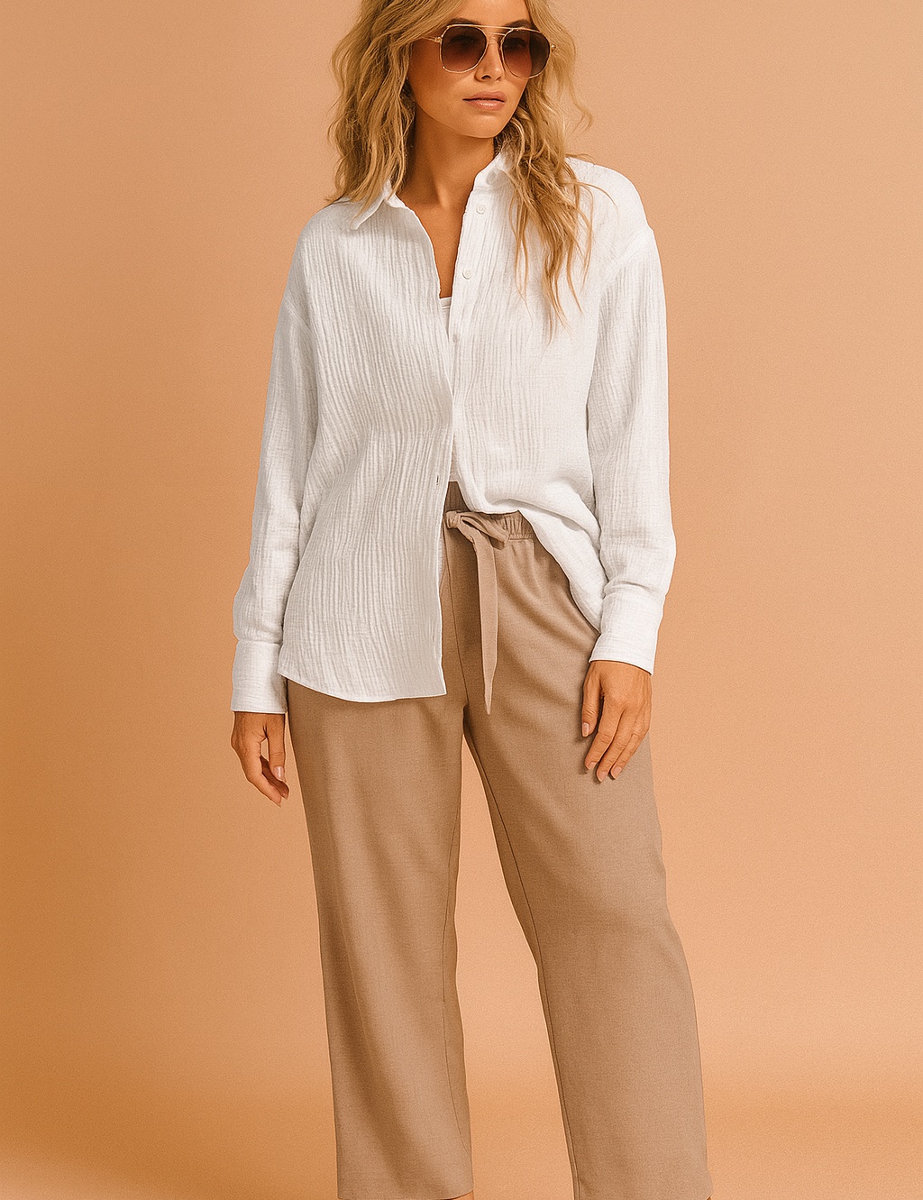Witte damesblouse met luchtige structuurstof, knoopsluiting, lange mouwen en casual rechte zoom, losvallend silhouet.