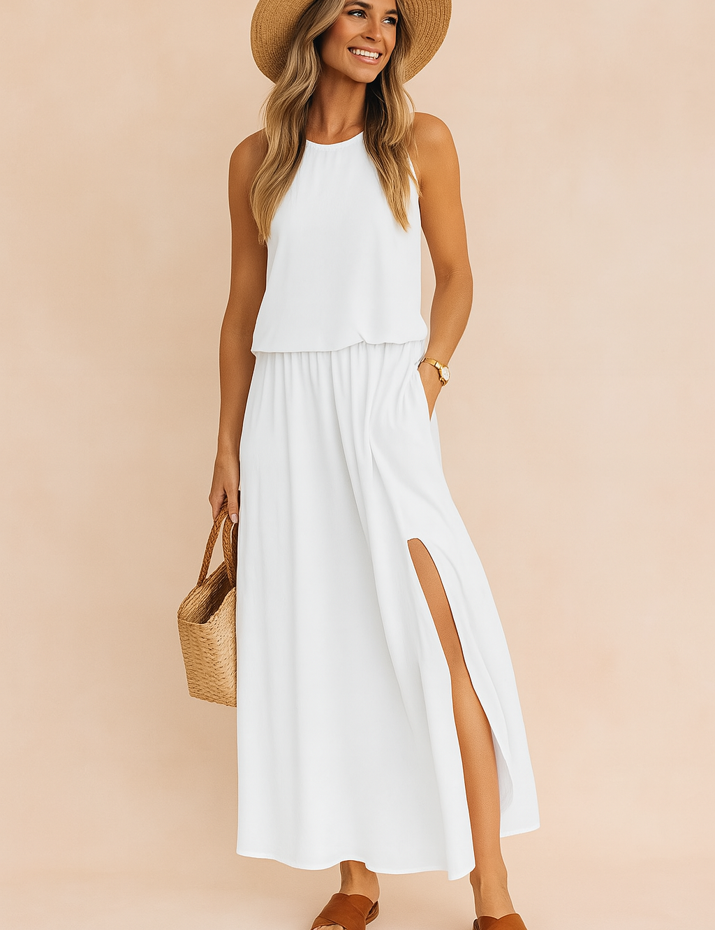 Witte mouwloze maxi-jurk van soepele stof met hoge split en ronde hals, ideaal voor strand- en zomerdagen.