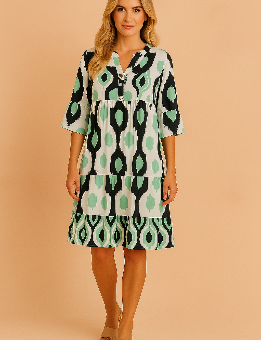 Zomerse jurk met driekwart mouwen en groen-zwart ikat motief