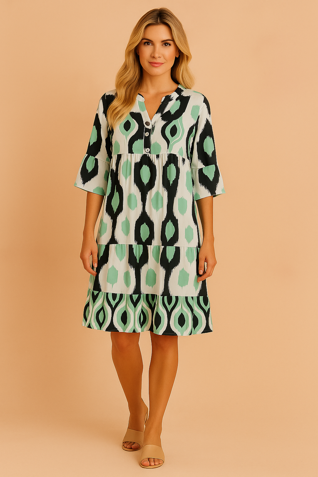 Zomerse jurk met driekwart mouwen en groen-zwart ikat motief