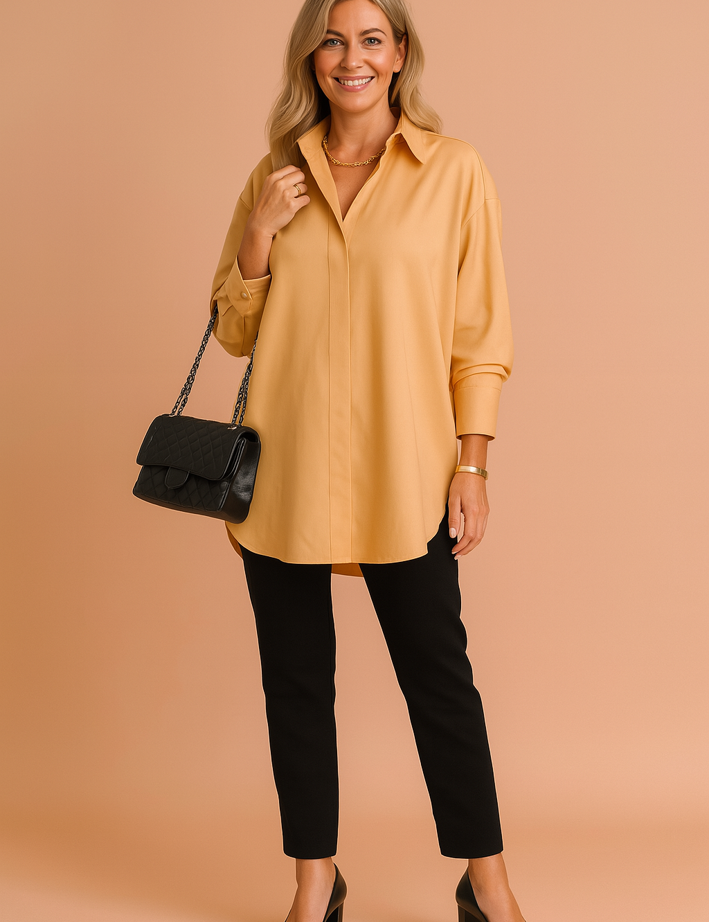 Zachte blouse in warme mosterdkleur met lange mouwen, een nette kraag en clean afgewerkte knoopsluiting. De rechte, oversized pasvorm maakt het ideaal voor een smart casual look.