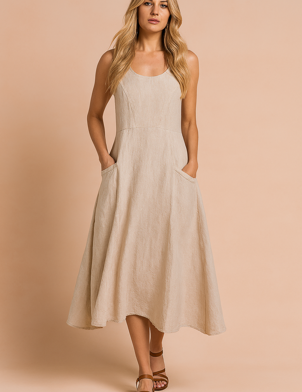 Mouwloze linnen midi zomerjurk met ronde hals en zakken in beige