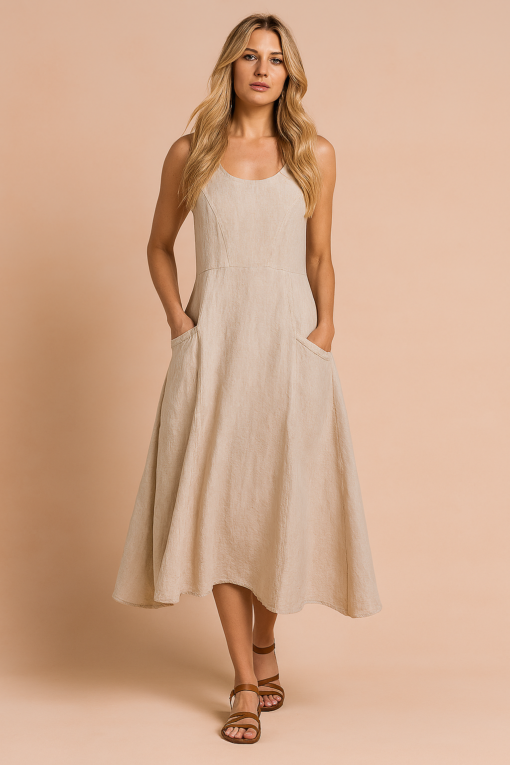Mouwloze linnen midi zomerjurk met ronde hals en zakken in beige