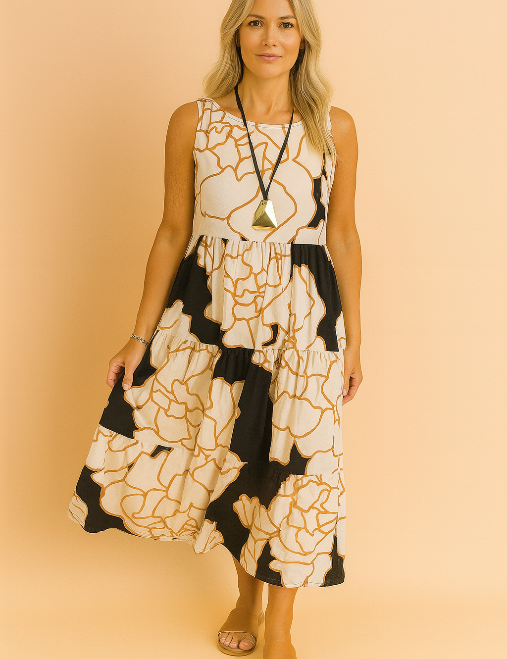 Mouwloze midi-jurk met zwarte en caramelkleurige oversized bloemenprint op een crèmekleurige achtergrond, afgewerkt met ruches in lagen.
