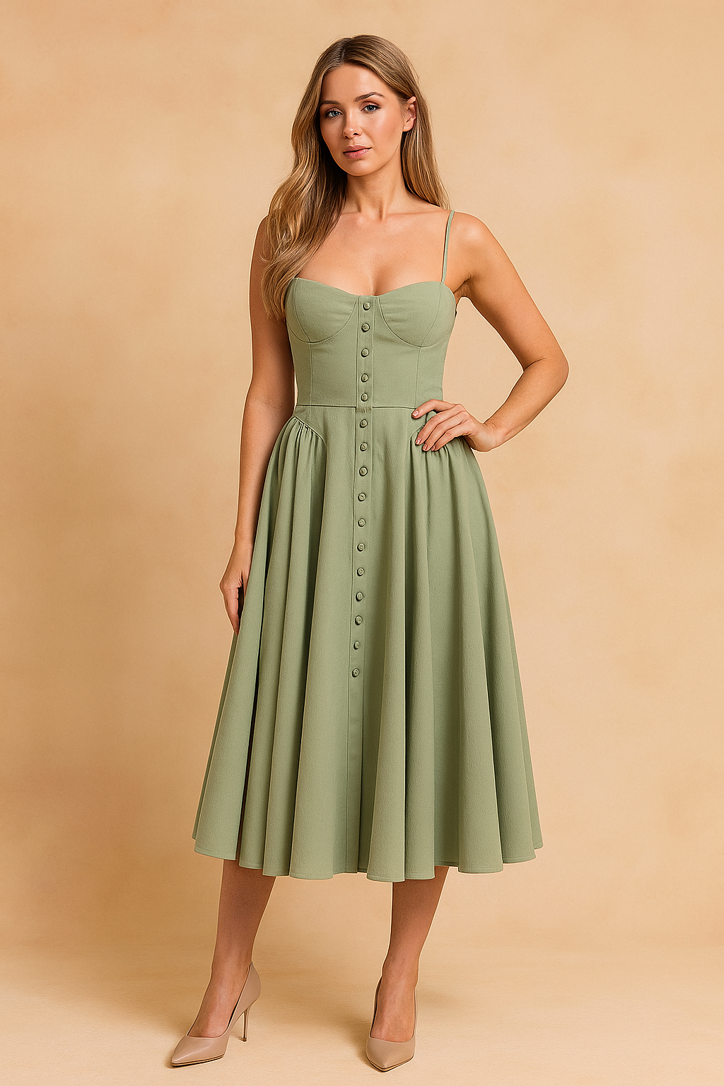 Mouwloze midi zomerjurk met knoopsluiting en taillenaad in olijfgroen