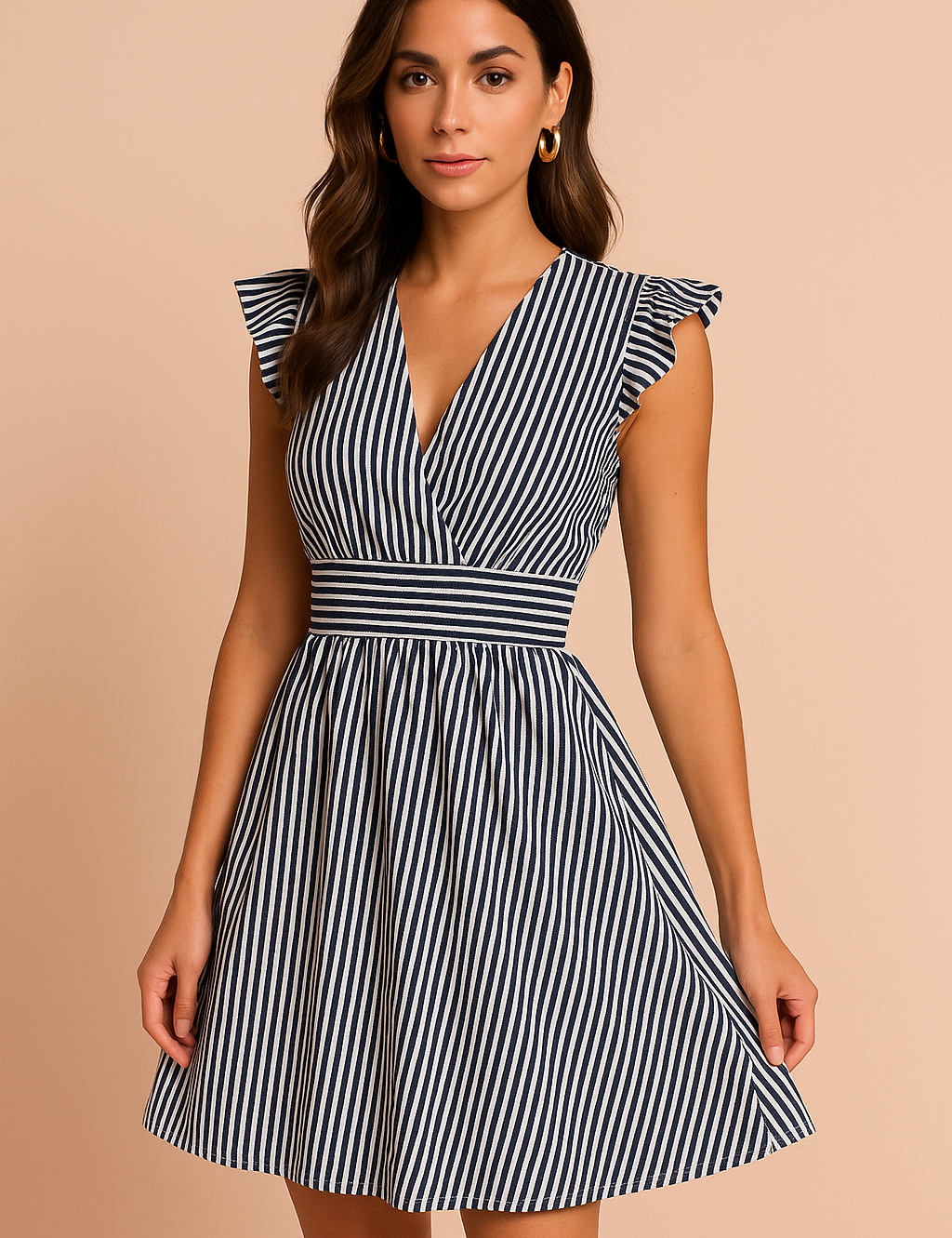 Mouwloze mini jurk met V-hals, verticale donkerblauw-witte strepen en volant schouders