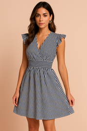 Mouwloze mini jurk met V-hals, verticale donkerblauw-witte strepen en volant schouders