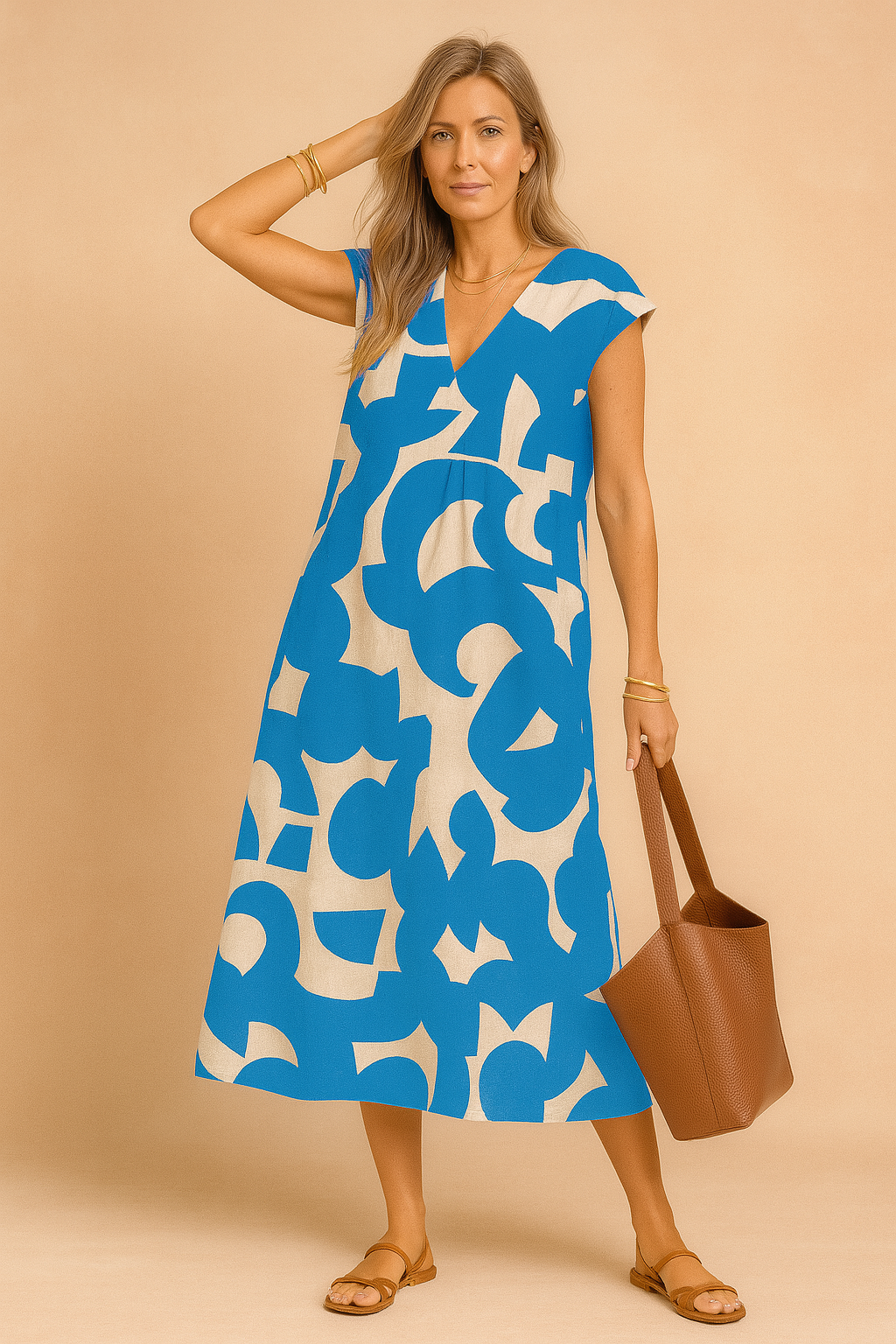 Mouwloze A-lijn zomerjurk met felblauwe en beige abstracte print en V-hals