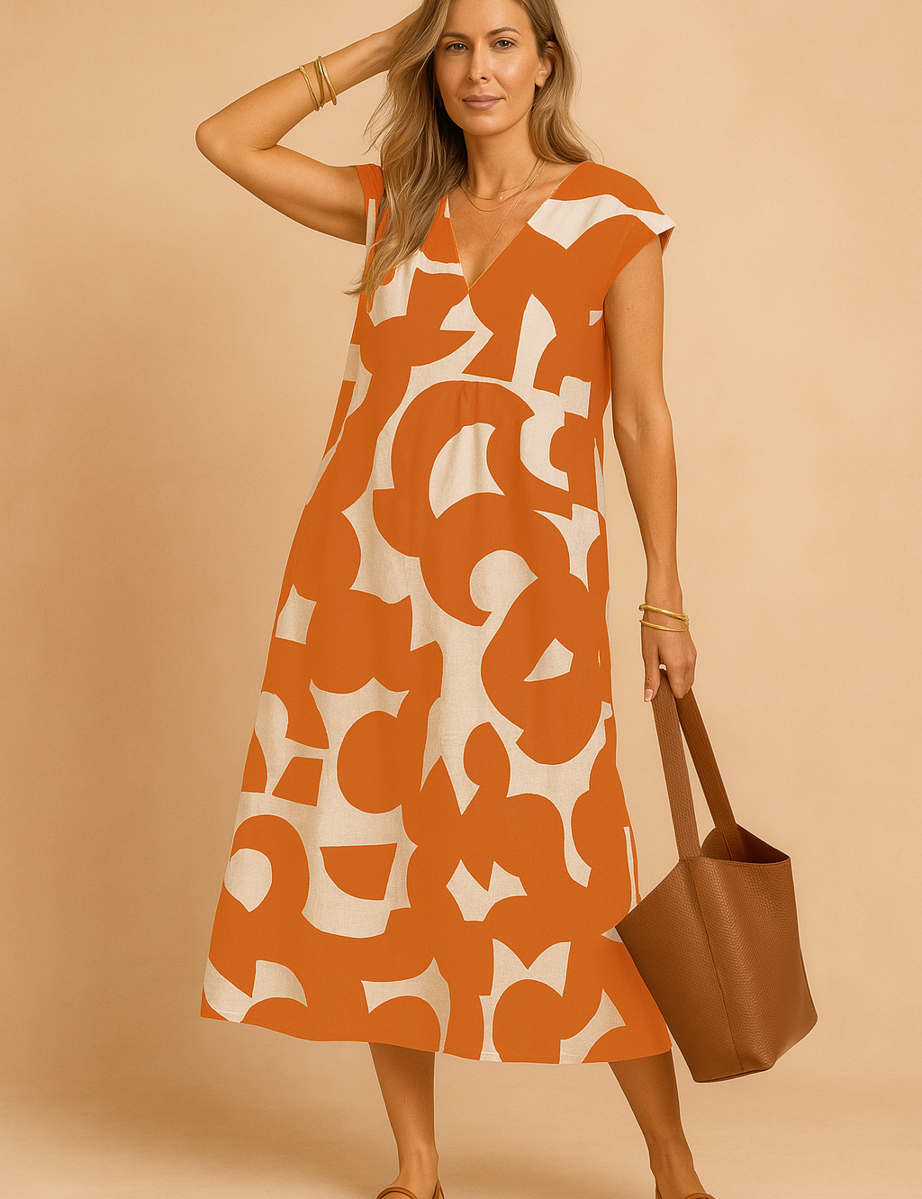 Mouwloze A-lijn zomerjurk met oranje en beige abstracte print en V-hals