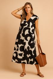 Mouwloze A-lijn zomerjurk met zwarte en beige abstracte print en V-hals