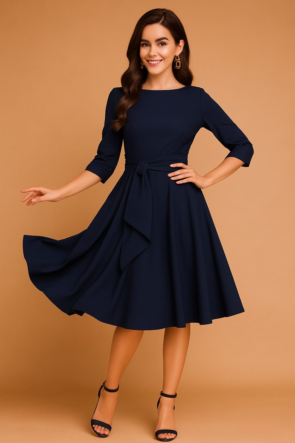 Navy blauwe midi-jurk met 3/4 mouwen, ronde hals en brede tailleceintuur. Klassiek ontwerp met elegante flair, geschikt voor feesten of zakelijke bijeenkomsten.