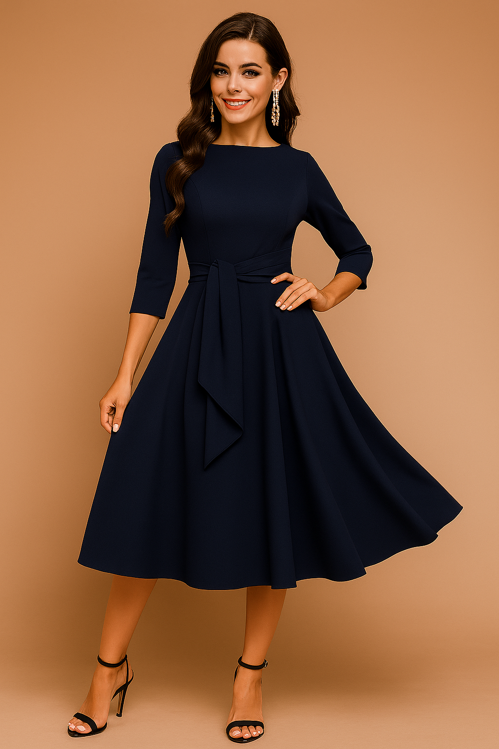 avy blauwe midi-jurk met 3/4 mouwen, ronde hals en brede tailleceintuur. Klassiek ontwerp met elegante flair, geschikt voor feesten of zakelijke bijeenkomsten.