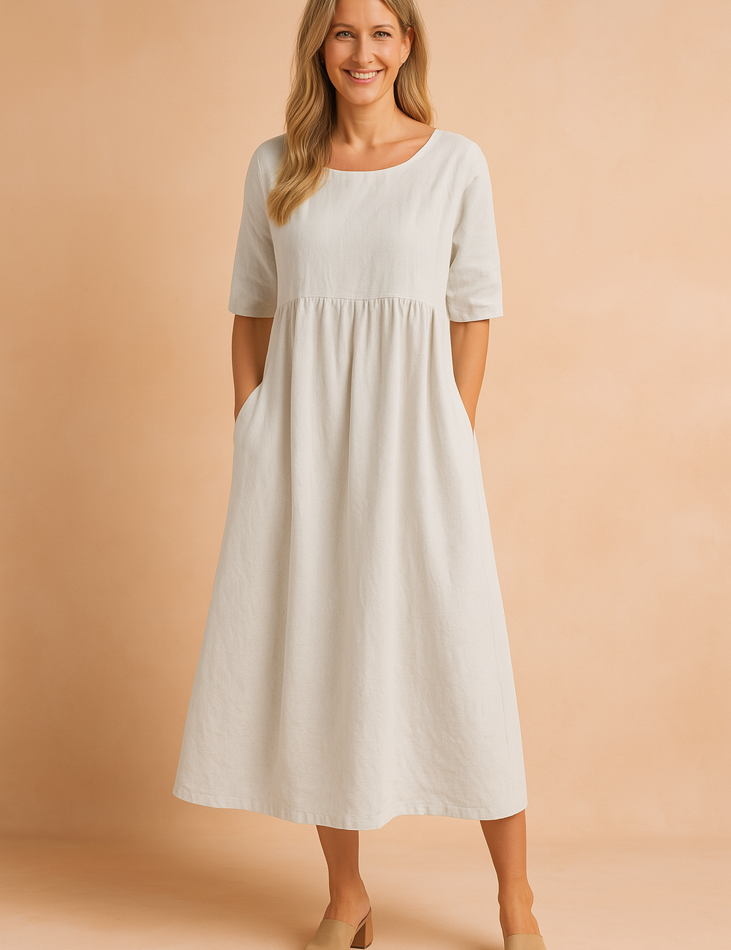 Offwhite midi-jurk met halve mouwen en losvallende A-lijn pasvorm in effen linnenlook stof.