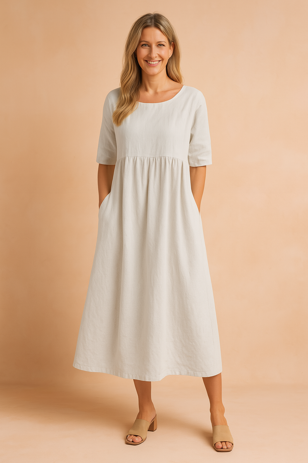 Offwhite midi-jurk met halve mouwen en losvallende A-lijn pasvorm in effen linnenlook stof.