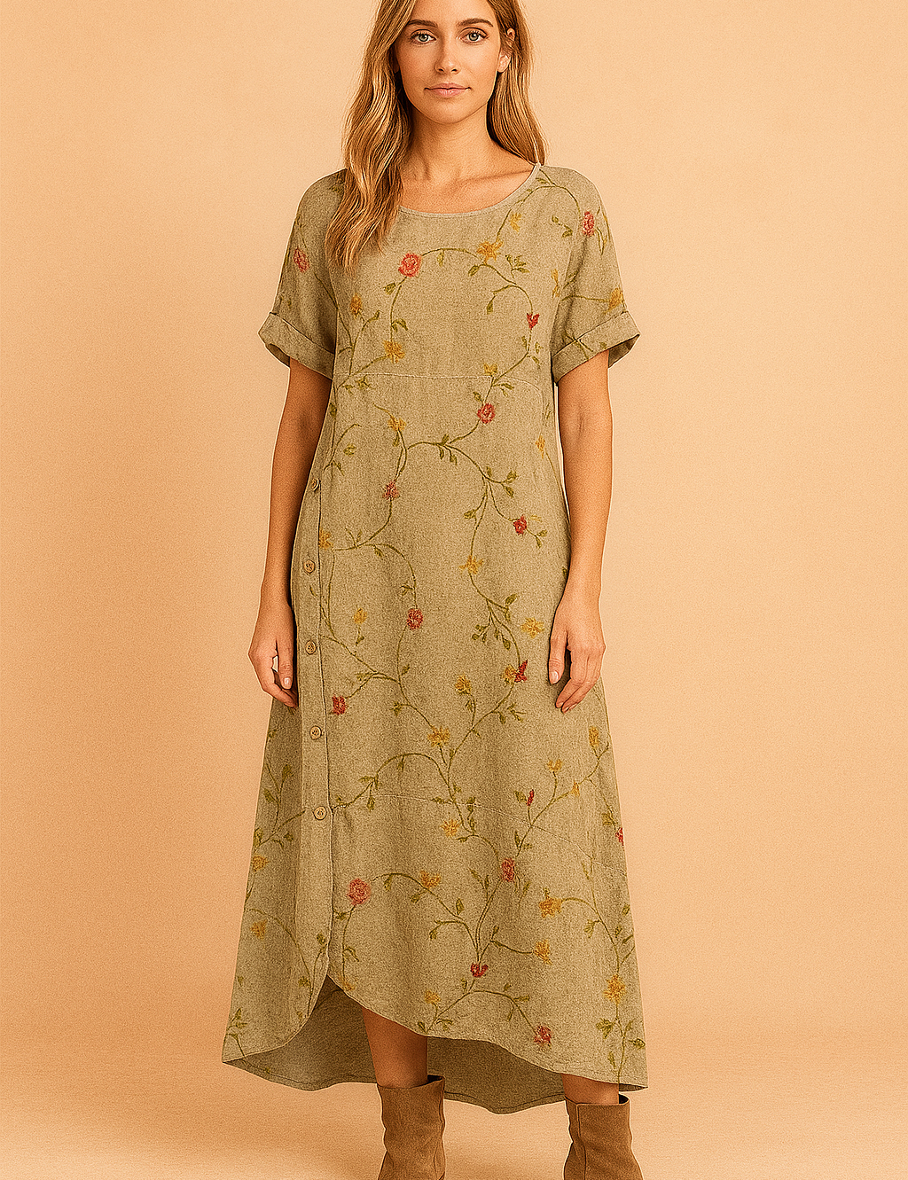 Olijfgroene linnen jurk met fijne geborduurde bloemen in zachte kleuren en asymmetrische knoopsluiting.