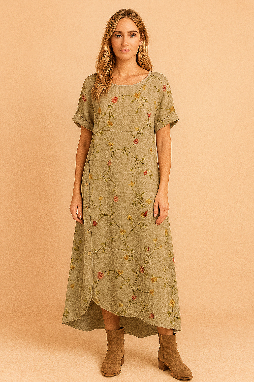 Olijfgroene linnen jurk met fijne geborduurde bloemen in zachte kleuren en asymmetrische knoopsluiting.