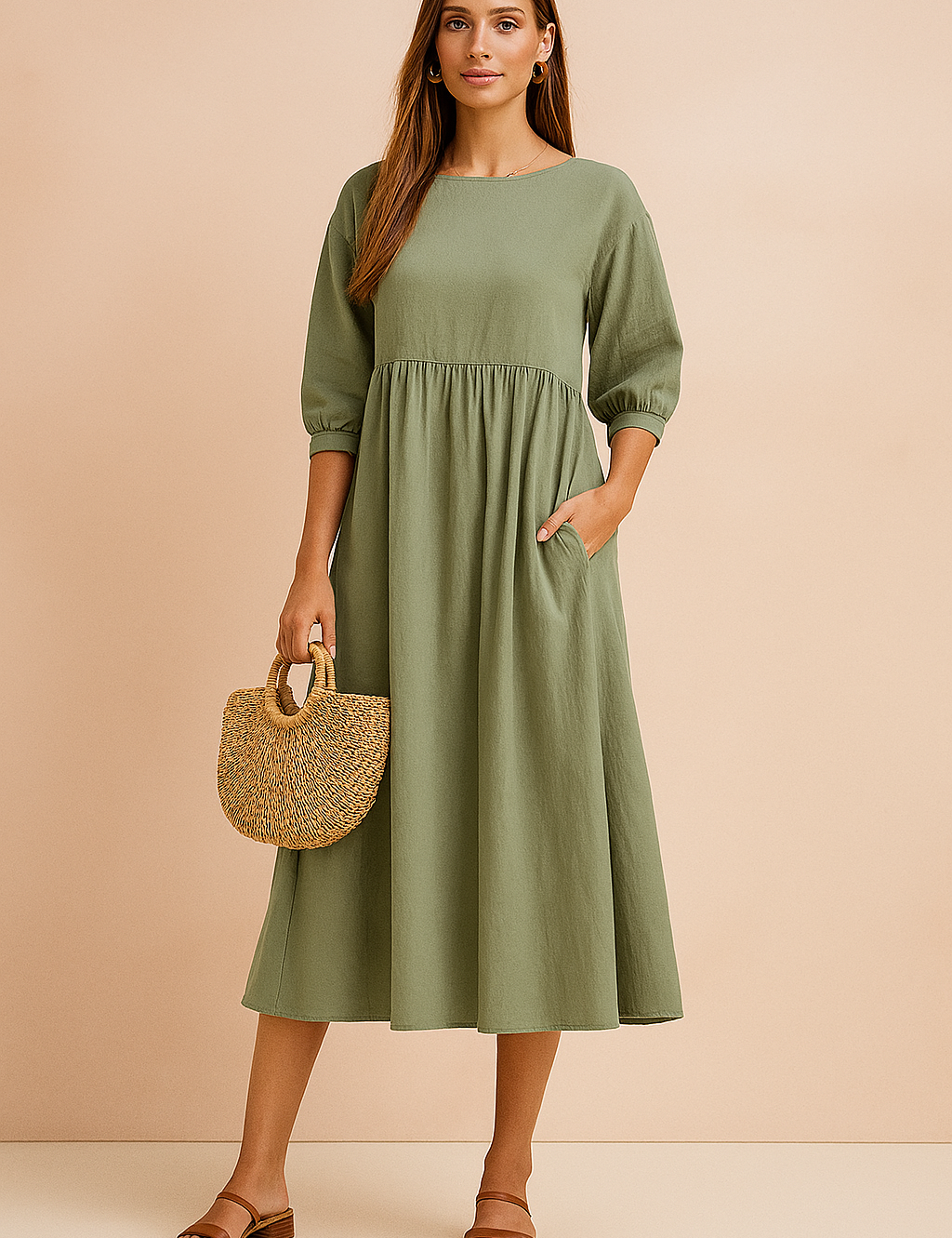 4-mouwen, ronde hals en geplooide taille in effen linnenlook.