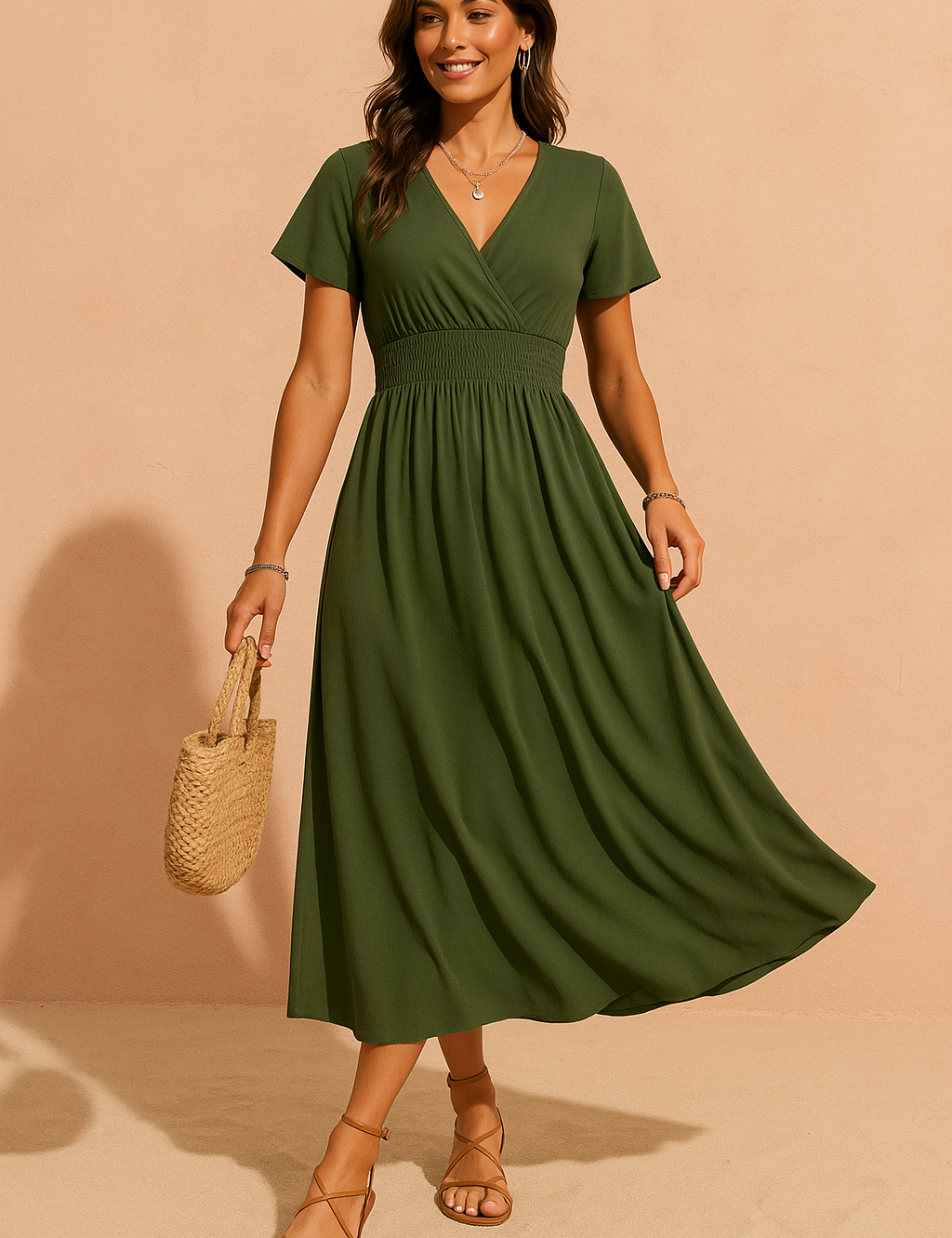 Olijfgroene midi-jurk met korte mouwen, overslagtop en elastische gesmokte taille, gemaakt van effen lichtgewicht stof.