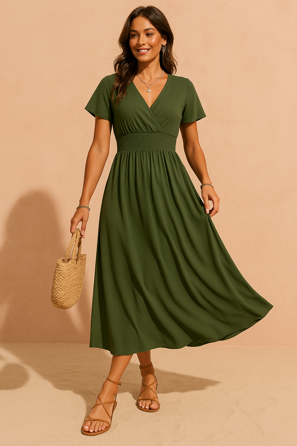 Olijfgroene midi-jurk met korte mouwen, overslagtop en elastische gesmokte taille, gemaakt van effen lichtgewicht stof.