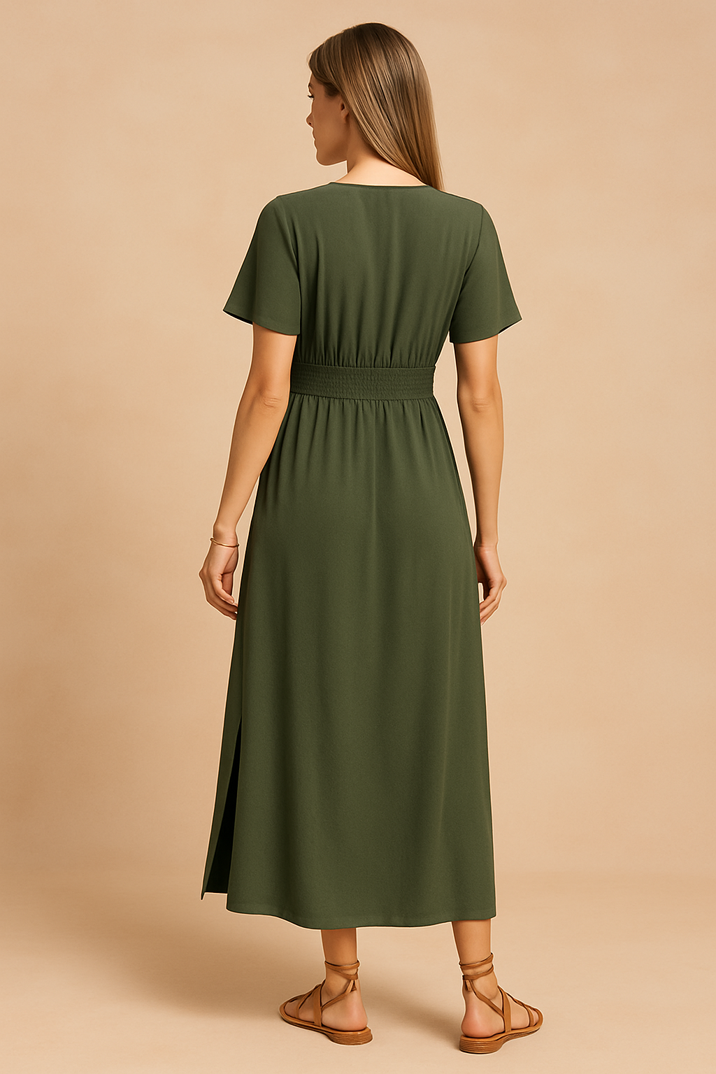 Olijfgroene midi-jurk met korte mouwen, overslagtop en elastische gesmokte taille, gemaakt van effen lichtgewicht stof.