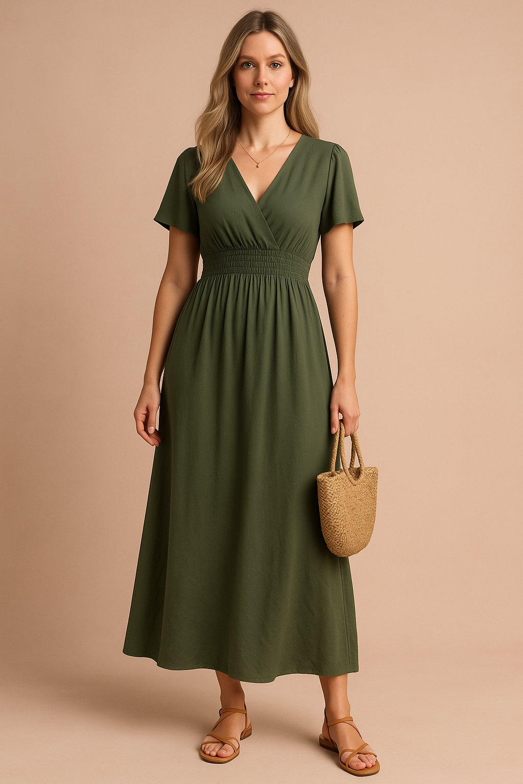 Olijfgroene midi-jurk met korte mouwen, overslagtop en elastische gesmokte taille, gemaakt van effen lichtgewicht stof.