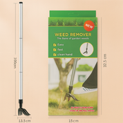 Staande onkruidverwijderaar met lange steel en klauwkop, verpakt in groene doos met productafbeelding en afmetingen 100 cm lengte, 13,5 cm breedte, 32,5 cm verpakking, geschikt voor eenvoudig, snel en schoon verwijderen van tuinonkruid zonder te bukken.