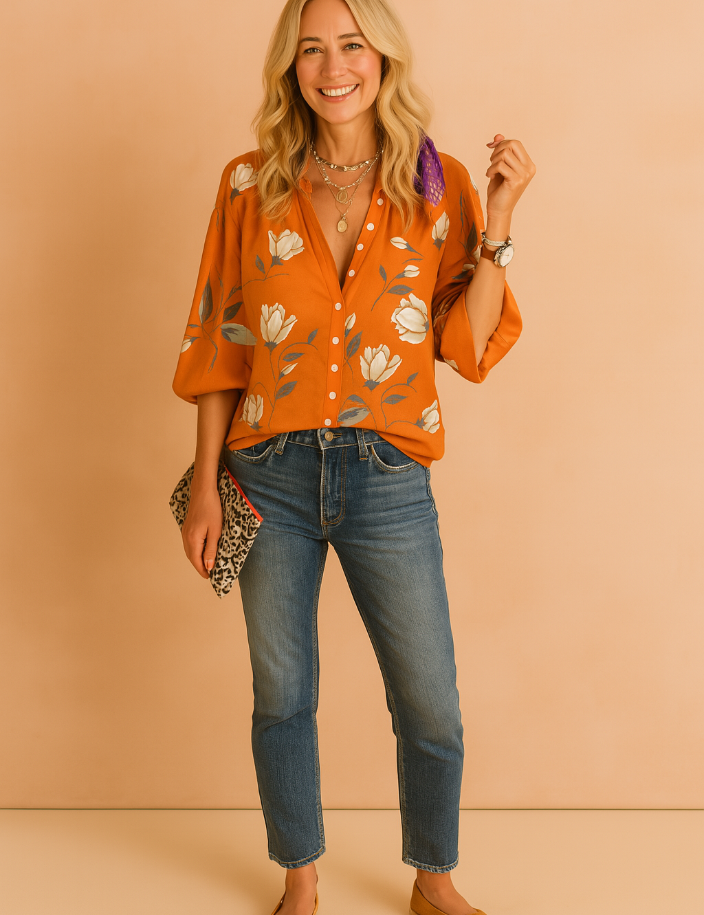Damesblouse in roestoranje met knopen en crèmekleurige bloemenprint, luchtige halve mouwen en casual uitstraling.