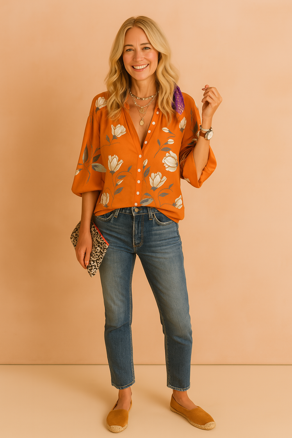 Damesblouse in roestoranje met knopen en crèmekleurige bloemenprint, luchtige halve mouwen en casual uitstraling.