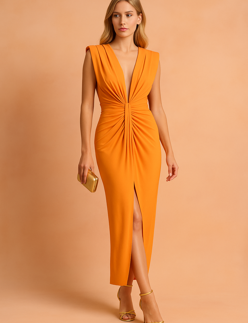Model draagt een elegante mouwloze oranje avondjurk met diepe V-hals en geplooid detail aan de voorkant, perfect voor formele gelegenheden.