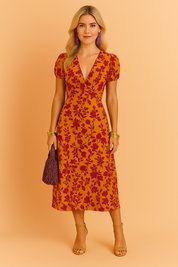Vrouw draagt een mosterdkleurige midi-jurk met korte mouwen en oranje bloemenprint, met een overslag V-hals en een flatterende taille, tegen een warme beige achtergrond.
