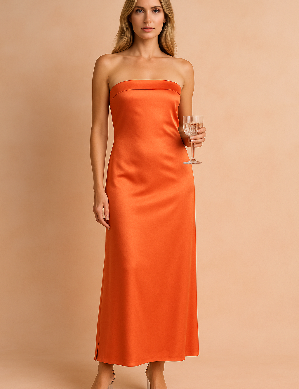Oranje strapless satijnen avondjurk voor dames