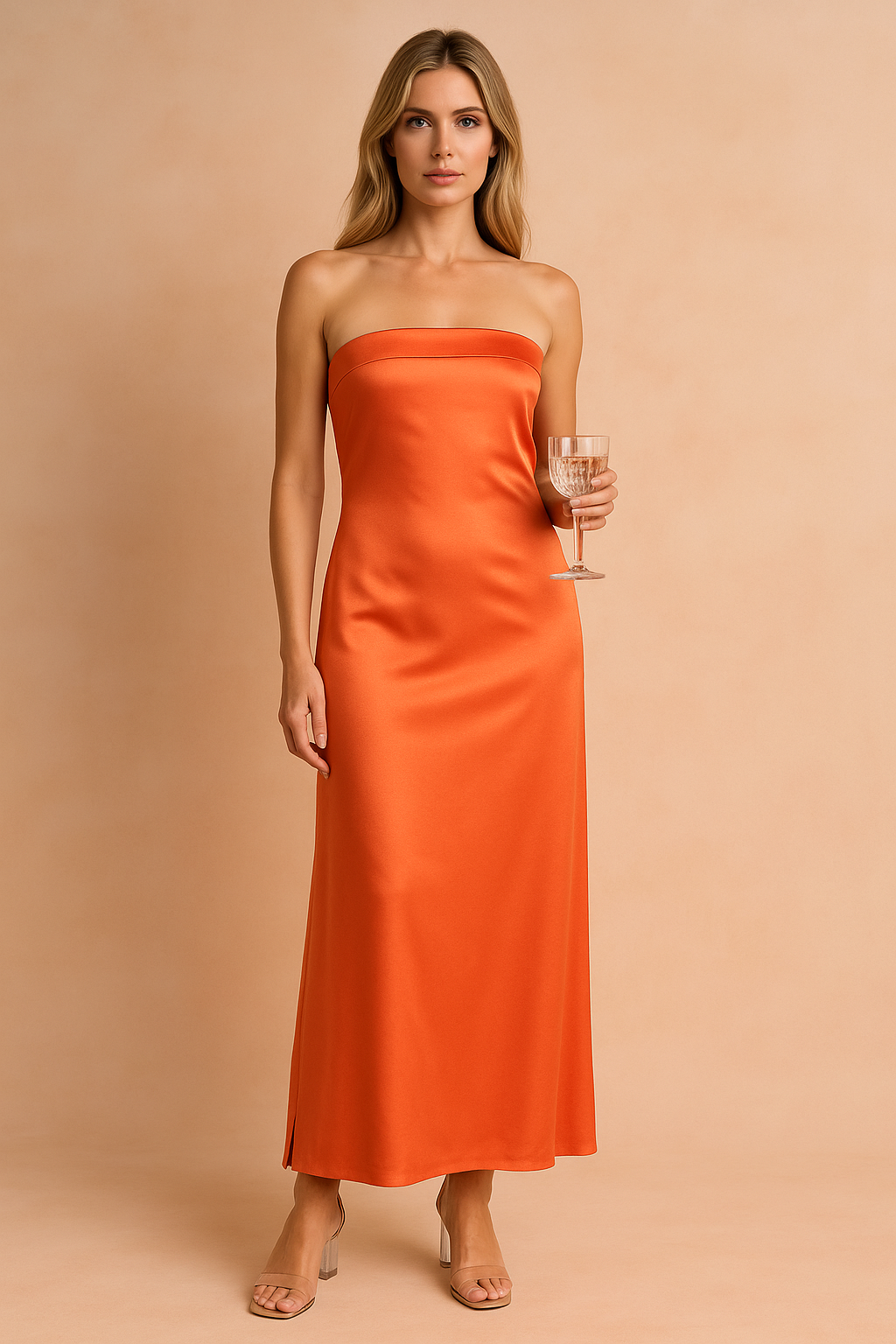 Oranje strapless satijnen avondjurk voor dames