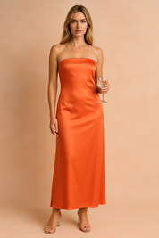 Oranje strapless satijnen avondjurk voor dames
