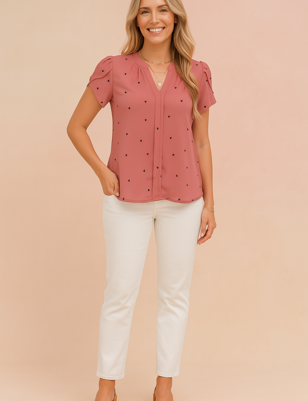 Oudroze blouse met korte mouwen, hartjesprint, zachte plooien en schouderdetails voor een romantische stijl.