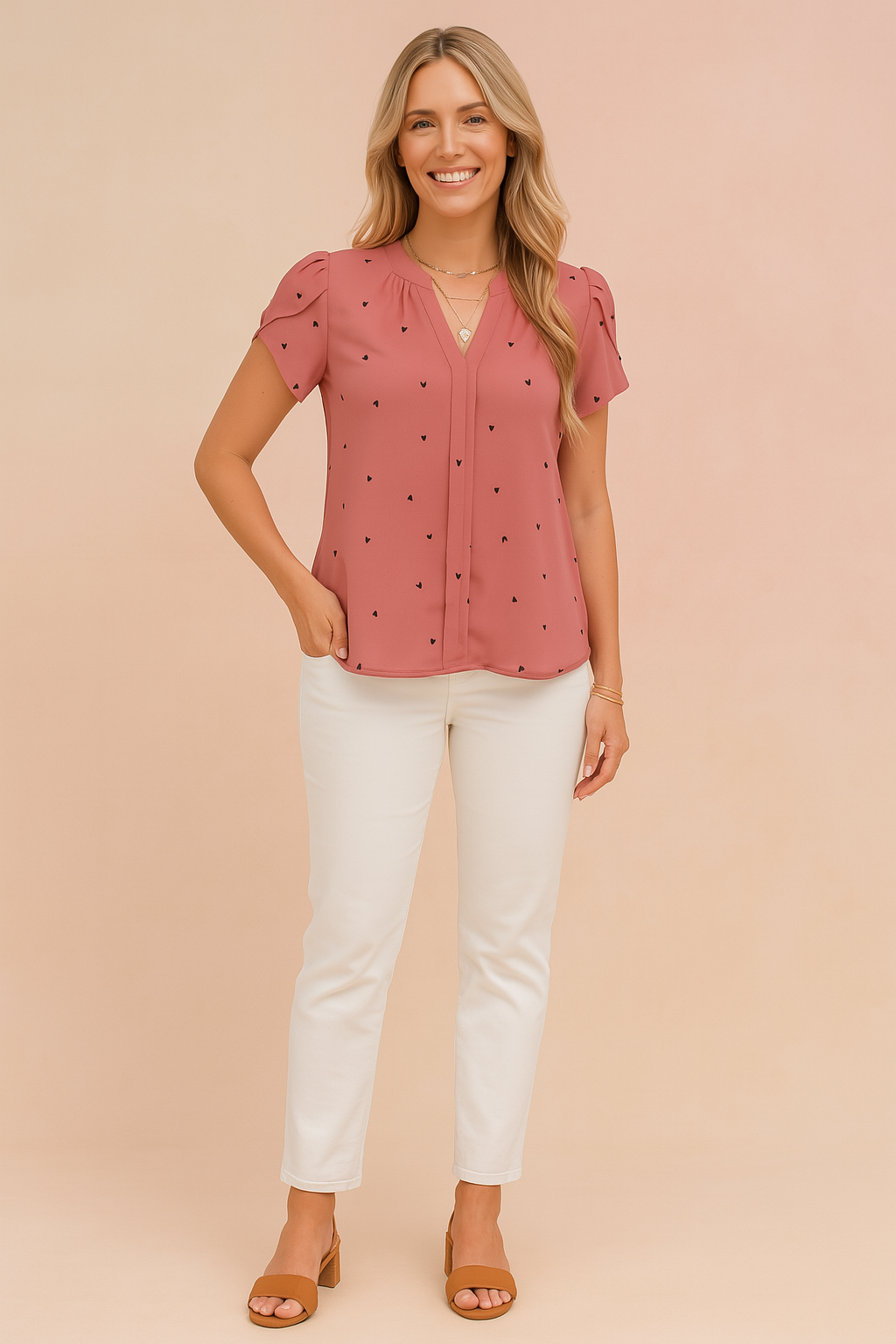 Oudroze blouse met korte mouwen, hartjesprint, zachte plooien en schouderdetails voor een romantische stijl.